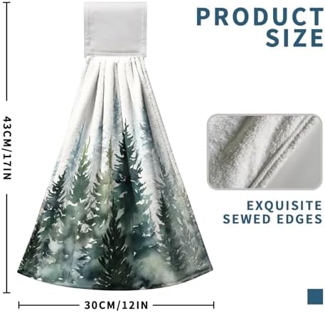 Watercolor Green Tree Hanging Hand Towels Christmas Pine Tree Kitchen Tie Towel Rustic Nature Forest Hand Towels with Hook Loops Winter Hanging Kitchen Towel Fast Drying Dish Tea Towels, 2pcs