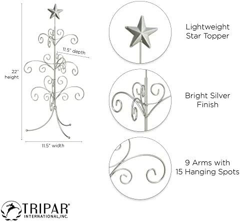 Tripar Decorative Tree Ornament & Jewelry Display, Silver Finish (22-Inch Height) - Decorative Metal Wire Stand - 3 Tiers of Branches, Perfect for Wrought Iron Trees - Perfect Holiday Gift