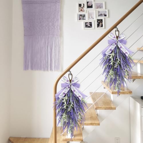 nuvagiki Lavender Teardrop Swag, 2 Pack 24 Inch Front Door Swag Wreaths, Spring Summer Rustic Farmhouse Door Decor, Purple Floral Hanging Swag for Porch