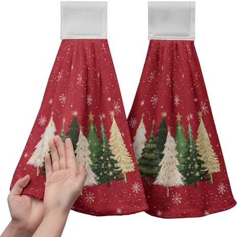 Red Christmas Tree Kitchen Hanging Towels Xmas Trees Snowflakes Hand Towels with Hanging Loop Winter Holiday Farmhouse Dish Washcloths Soft Absorbent Fingertip Bath Tie Towel Set of 2