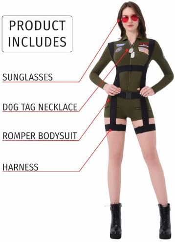 Women’s Pilot Costume, 4 Piece Military Aviator Romper with Harness & Tags
