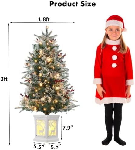 3FT Pre-Lit Artificial Mini Christmas Tree, Small Flocked Christmas Trees