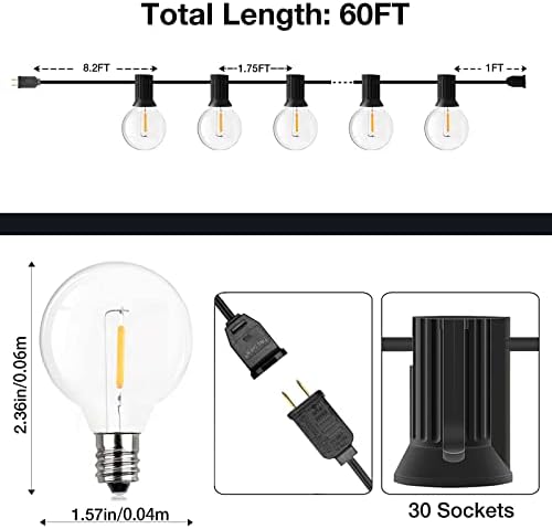 GPATIO Outdoor String Lights, 60FT Waterproof Patio Lights with 32 Hanging Light Globe G40 Bulbs, 2700k Shatterproof for Backyard Gazebo Porch Garden Commerical Outside Decor