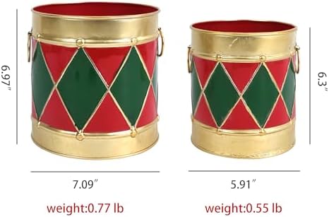 2-Piece Christmas Metal Drum Buckets Set - Festive Ice Bucket & Storage for Small Plants/Ornaments/Candies, Round Decorative Pails for Party Table Centerpieces & Home Mantel Display