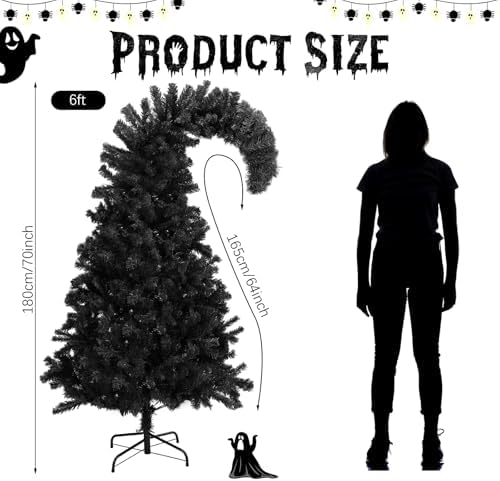 Daifunli 6 ft Black Christmas Tree with Light - Prelit Halloween Crooked Neck Christmas Tree Artificial for Xmas Holiday Party Indoor Outdoor Decoration