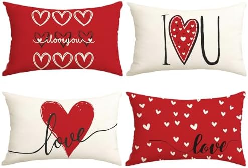 Valentines Day Decorations-Valentine Pillow Covers 12x20 Set of 4, Red Hearts I Love You Happy Valentine's Day Throw Outdoor Pillow Covers Anniversary Wedding Cushion Case for Home Sofa Couch Decor
