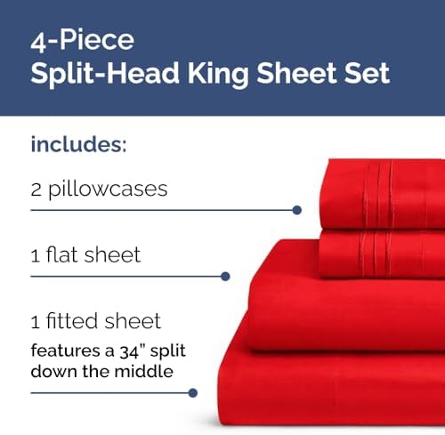 Flex Top Split Head King 4 Piece Sheet Set - Ultra-Soft, Breathable - Red
