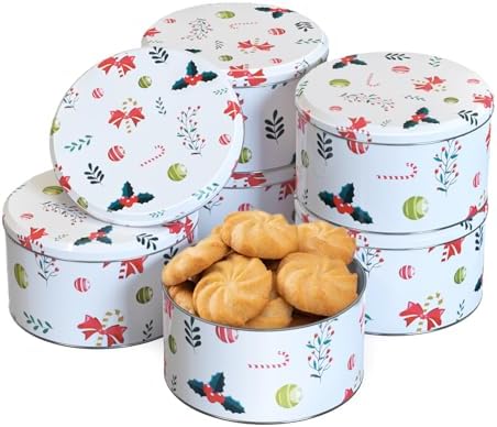 Chiristmas ornament Style Cookie Tin, 6Packs Metal Round Cookies Containers, Tin with Lid for Xmas, Multicolor 16.5 * 16.5 * 8.5Cm