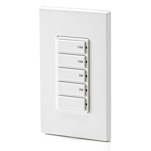 Leviton Countdown Timer Switch for bathroom fan and household lights, 2-5-10-15 min, No Neutral Required, Single Pole, 15A, 1/2 HP/9.8A Fan/Motor, DT115-1LW, White