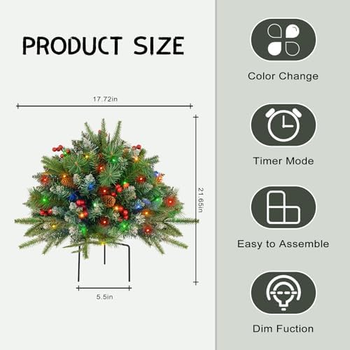 Christmas Tree Urn Filler, Battery Operated with Timer, Pre-lit Warm White & Multi-Color Changing LED Lights, Artificial Xmas Tree for Porch, Pathway, Yard, Outdoor Holiday Decoration (2, with Snow)