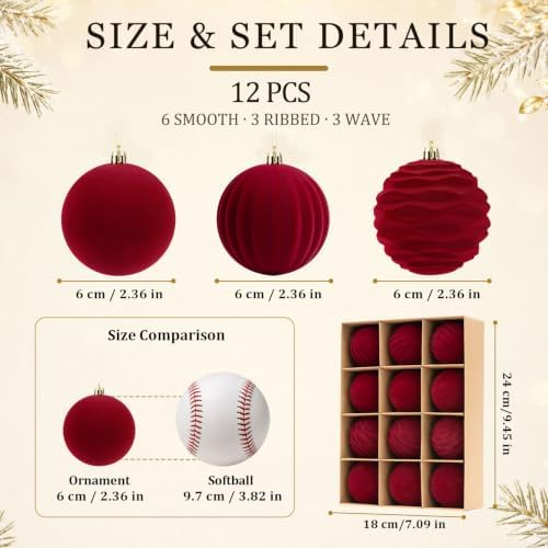 12Pcs Red Velvet Christmas Ornaments 2.36In Balls for Christmas Tree Deco