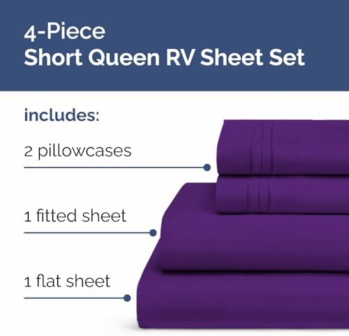 Short Queen Size 4 Piece Bed Sheet Set - RV Short Queen Sheets - Purple