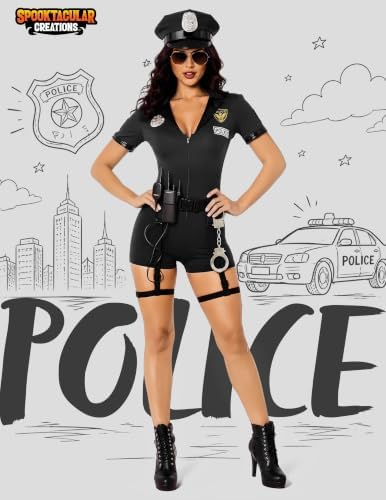 Spooktacular Creations 6 Pcs Women Police Costume, Halloween Cop Costume Women for Adult Halloween Cosplay Party Events