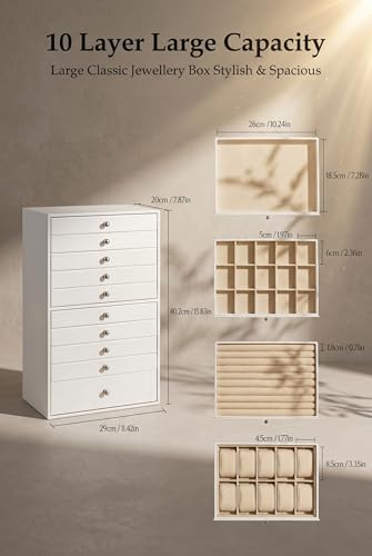 GUKA Large Jewelry Box, Jewelry Case with 10 Drawers for Big and Small Jewelry, Jewelry Storage Organizer for Watch Earrings Necklace Rings Bracelets, Birthday Wedding Gifts, White