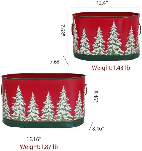 Set of 2 Christmas Metal Buckets, Oval Decorative Planters with Embossed Snow Pine Tree, Distressed Red Green Holiday Storage Tubs for Mini Christmas Tree, Tabletop & Porch Xmas Decor