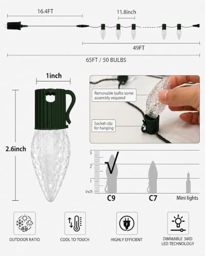Probro 49FT 50 LED Smart C9 Christmas Lights Outdoor, RGB, App Controlled
