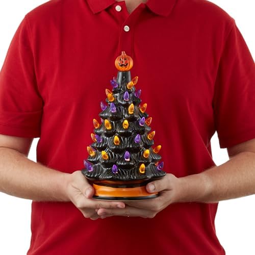 Casafield Hand-Painted Ceramic Halloween Tree, Black 12-Inch Pre-Lit Decoration with 100 Multi-Color Lights, Jack-O-Lantern and Star Toppers