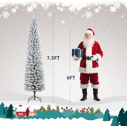 Garvee 7.5FT Pencil Prelit Christmas Tree, Snow Flocked Xmas Tree