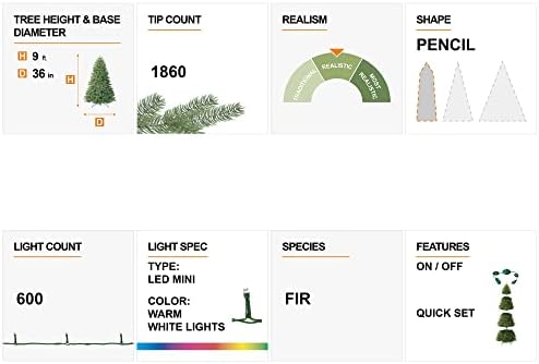 Glitzhome 9ft Prelit Christmas Tree, Snow Flocked Christmas Trees with 600 Warm White Lights, Pencil Christmas Tree Snowy Splendor Fir Artificial Tree w/1860 Branch Tips and Foldable Metal Stand
