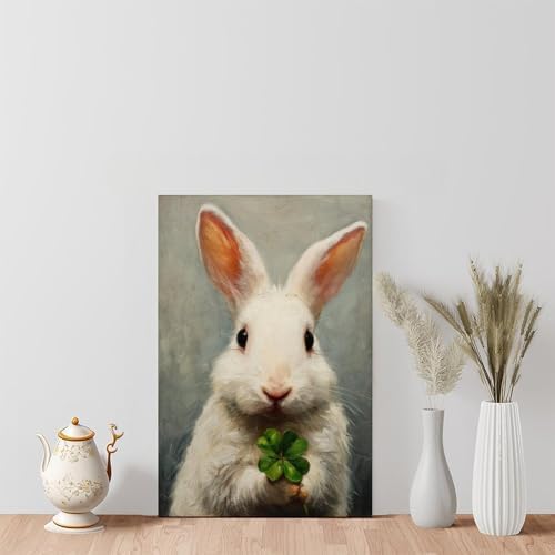 JDBeehpy Easter Rabbit (Unframed, Canvas Only) Canvas Mural Cute White Rabbit Clover Printing Spring Prints Oil Painting Art Style Green Festival Theme Art Prints 16x24inch(40x60cm)