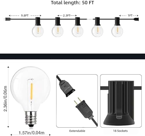 GPATIO Outdoor String Lights, 50FT G40 Bulbs Shatterproof Patio Lights, Waterproof Dimmable Hanging Outdoor Lights, Connectable LED Outside Lights for Backyard Yard Gazebo Porch Party