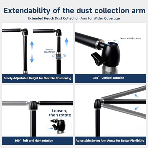Dust collection boom arm, Adjustable Clamp Mount Hose Holder with 360° Rotatable Swivel Head & Two 40cm Extension Arms for CNC Lathe Woodworking Table Saw Router Table Dust Collection System