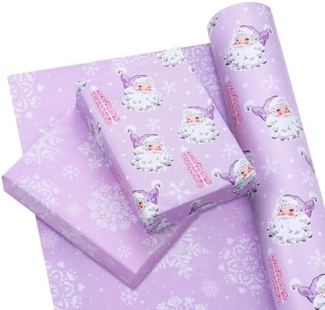 WRAPAHOLIC 30 Inch Reversible Christmas Wrapping Paper - 30 Inch x 33 Feet - Purple Santa Claus and Snowflake with Embossed for Christmas, Holiday, Party Celebration