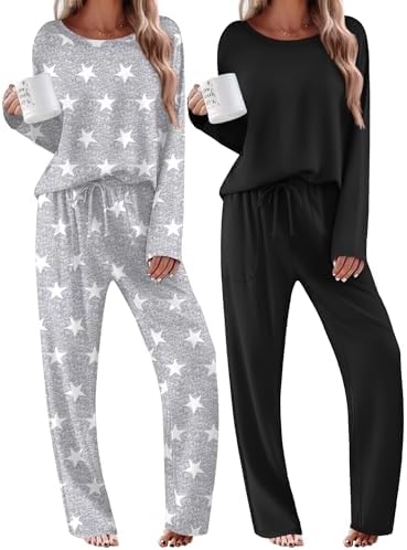 Ekouaer 2 Pack Womens Pajama Sets Long Sleeve Long Pants Pjs Loungewear