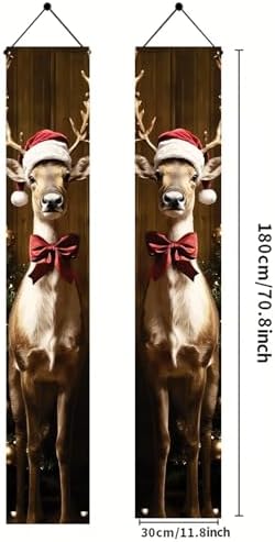 2PCS Christmas Porch Banner Decoration Reindeer Door Sign Hanging Decorations for Outdoor Indoor 71 x 12 Inch Front Door Xmas Decor Holiday Wall Fireplace Entryway Banner Party Supplies