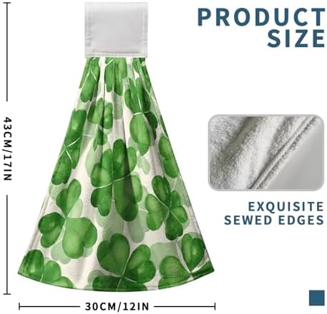 St Patricks Day Clover Hanging Kitchen Towel Green Lucky Shamrocks Hand Towels with Loop Set of 2 Tea Bar Dish Cloths Soft Absorbent Durable Tie Towel for Bathroom Decor 12 x 17 in