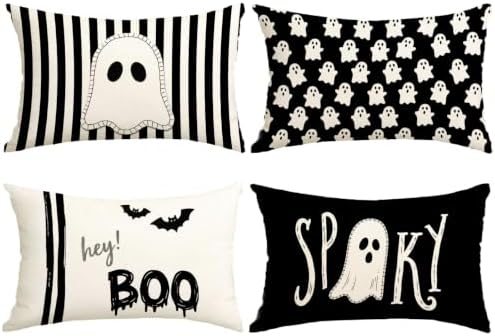 Halloween Decor Pillow Covers 20x12 Inch,Set of 4 Halloween Decorations Outdoor Indoor Throw Pillow Covers, Hey Boo Cute Spooky Ghost Black Striped Linen Cushion Case for Home Sofa Couch Bed Chair