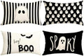 Halloween Decor Pillow Covers 20x12 Inch,Set of 4 Halloween Decorations Outdoor Indoor Throw Pillow Covers, Hey Boo Cute Spooky Ghost Black Striped Linen Cushion Case for Home Sofa Couch Bed Chair