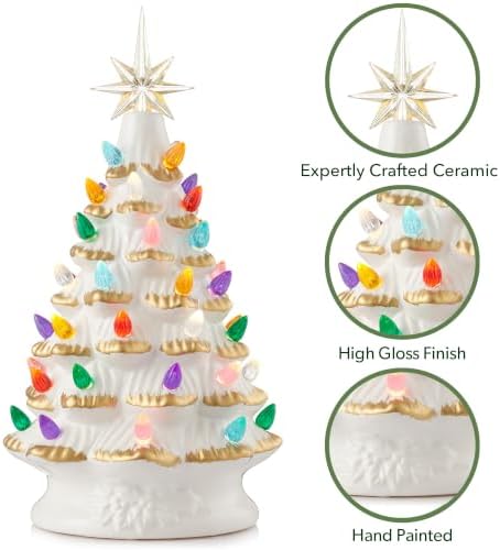 Casafield Hand Painted Ceramic Christmas Tree, White 12-Inch Pre-Lit Tree with 100 Multi Color Lights and 2 Star Toppers