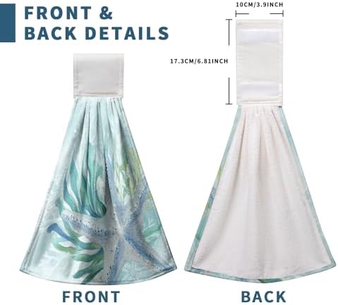 2 Pcs Starfish Hanging Hand Towels Summer Coastal Nautical Kitchen Towels with Hanging Loop Aqua Turquoise Beach Ocean Coral Bath Tie Towels Oven Stove Dish Washcloth