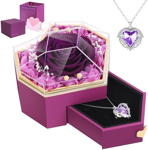 Preserved Real Rose with Necklace Forever Flowers Diamond shaped Box for Mom Wife Girlfriend Grandma on Mothers Day Birthday Valentines Christmas Anniversary Beatiful Gifts for women (Purple)
