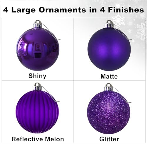Purple 4.0" Large Christmas Balls - Christmas Tree Decoration Ornaments Shatterproof Hanging Balls for Birthday Halloween Holiday Wedding Decorations Set of 4pcs