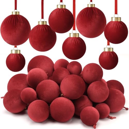 ZenNex 48 Pcs Velvet Christmas Balls Bulk, Flocked Xmas Tree Ornaments, Red