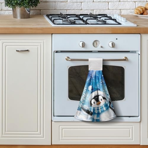 Winter Penguin Blue Kitchen Hanging Towels Set of 2 Cute Snowman Snowflakes Christmas Hand Towels with Hanging Loop Tea Bar Dish Cloths Dry Towel Soft Absorbent Fingertip Bath Tie Towel for Bathroom