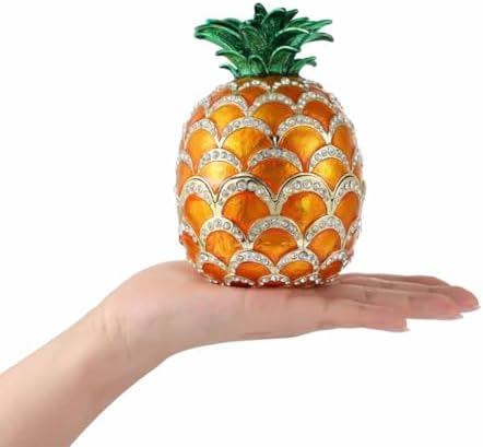 Lucky Pineapple Trinket Boxes Hinged Hand-Painted Jewelry Box with Rhinestones Enamel Fruit Style Ornament Christmas Gift for Women(Brown)