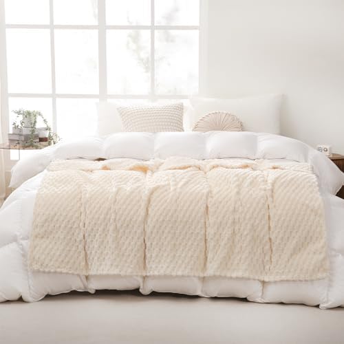 Puncuntex Cream White Throw Blanket 90"×90" Fuzzy 3D Jacquard Decorative