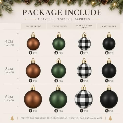 Lunmon 64 Pcs Neutral Christmas Ball Ornaments Bulk Check Brown Green Black