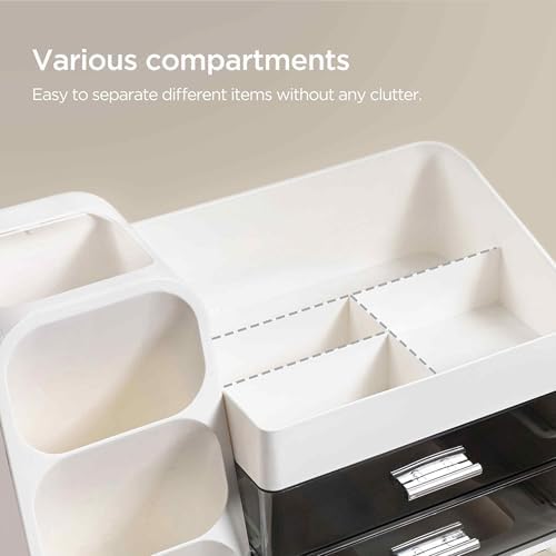 HBlife Desk Organizer with Pen Pencil Holder for Desk, Pen Organizer with 2 Drawers, Desk Organizers and Accessories with 4 Compartments, Desktop Storage for Office Home School Art Supplies, White