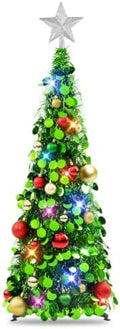 N&T NIETING Pop Up Christmas Tree with Lights, Collapsible Tinsel Xmas Tree Decorations, Pencil Christmas Tree Skinny Tree for Holiday Xmas Home Office Decor, 25 Balls, 3Ft, Green