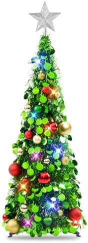N&T NIETING Pop Up Christmas Tree with Lights, Collapsible Tinsel Xmas Tree Decorations, Pencil Christmas Tree Skinny Tree for Holiday Xmas Home Office Decor, 25 Balls, 3Ft, Green