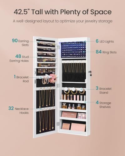 SONGMICS Jewelry Cabinet, Wall or Door Mounted Armoire, 6 LED Lights
