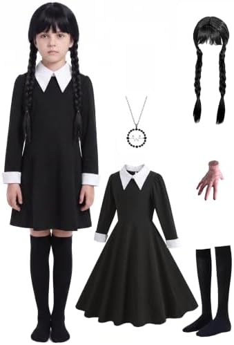 Girls Halloween Black Dress with Wig Necklace Cosplay Costume Set