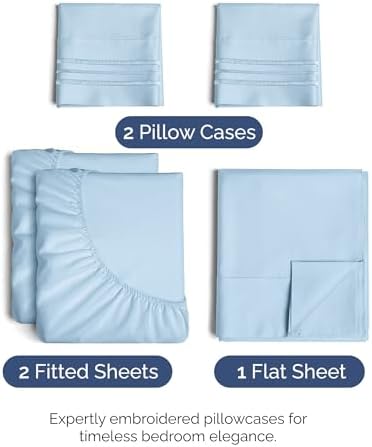 Split King Size 5 Piece Sheet Set - Comfy Breathable & Cooling - Light Blue