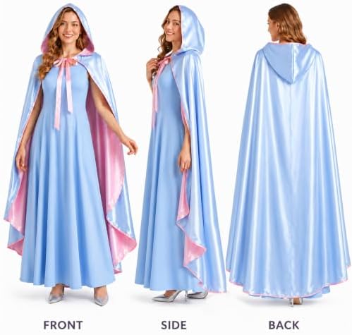3PCS Fairy Godmother Costume Women Halloween Blue Hooded Cape Outfit
