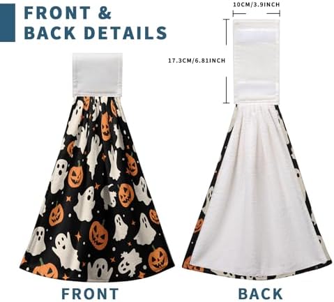 Halloween Ghost Pumpkin Hanging Kitchen Towels Set of 2 Spooky Scary Hand Towels with Hanging Loop Seasonal Holiday Oven Stove Dish Washcloths Soft Absorbent Bath Tie Towel