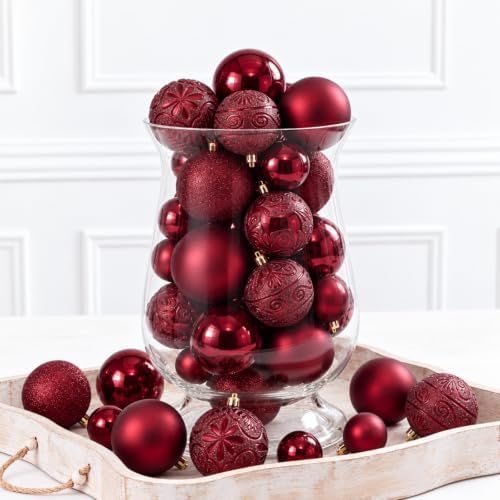 100 Pcs Burgundy Christmas Ball Ornaments for Tree, 6 Styles in 4 Sizes